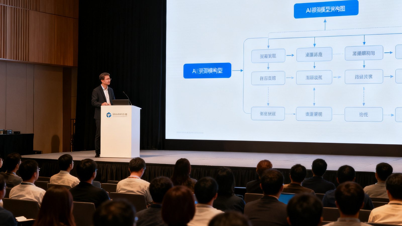 发布会现场照片，讲台上站着一位演讲者，背后大屏幕显示AI预测模型的架构图，台下坐着约200名观众